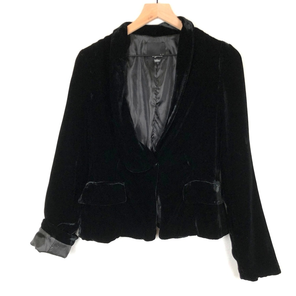 ARYN K 100% Silk Velvet Blazer Jacket Women's Sz S Black Asymmetric Collar Lined